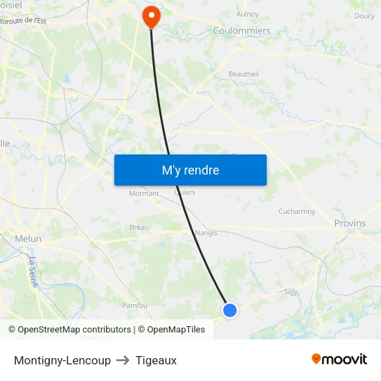 Montigny-Lencoup to Tigeaux map