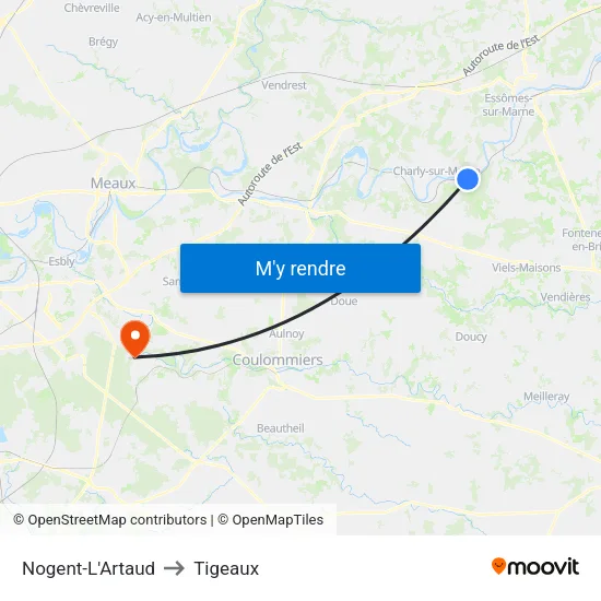 Nogent-L'Artaud to Tigeaux map