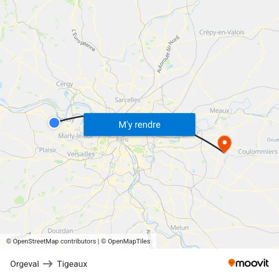 Orgeval to Tigeaux map
