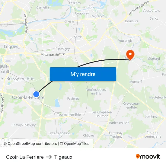 Ozoir-La-Ferriere to Tigeaux map