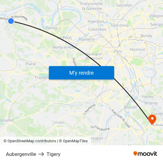 Aubergenville to Tigery map