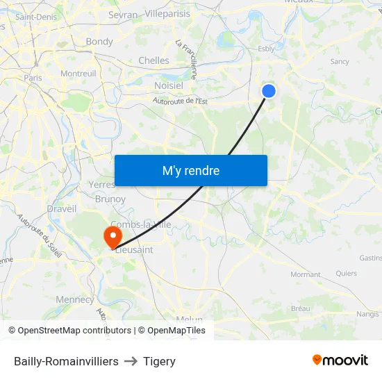 Bailly-Romainvilliers to Tigery map