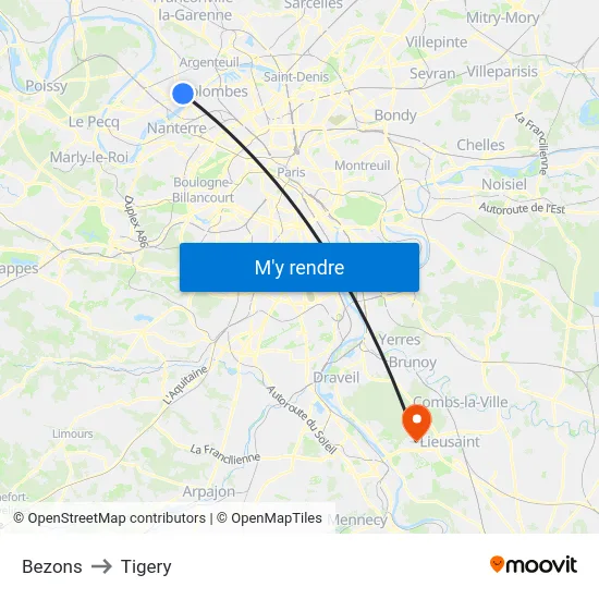 Bezons to Tigery map