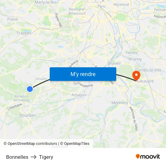 Bonnelles to Tigery map
