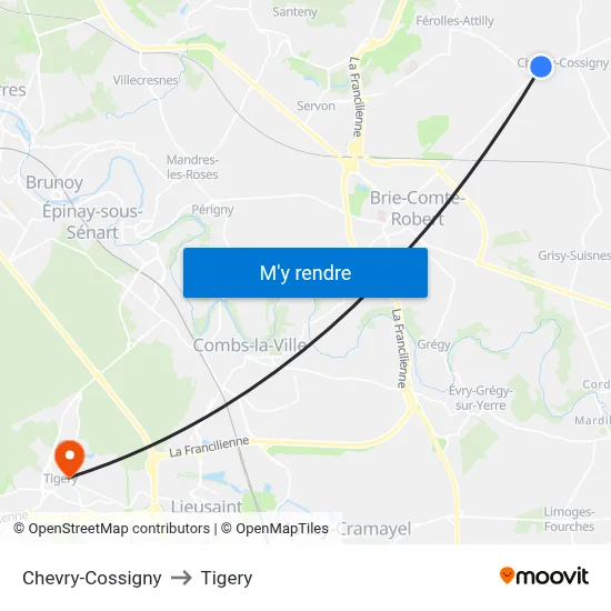 Chevry-Cossigny to Tigery map