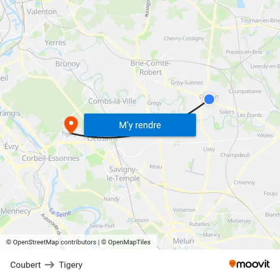 Coubert to Tigery map