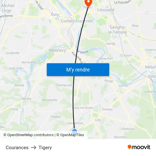 Courances to Tigery map