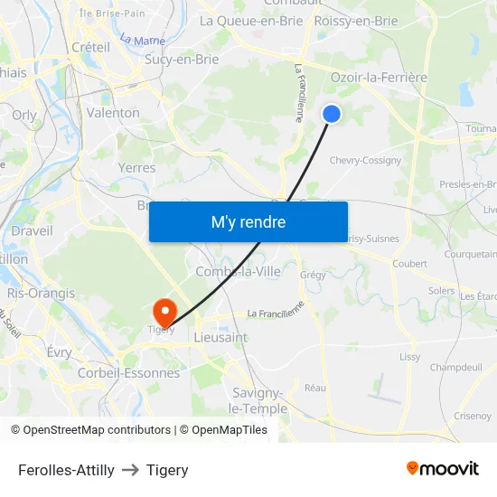 Ferolles-Attilly to Tigery map