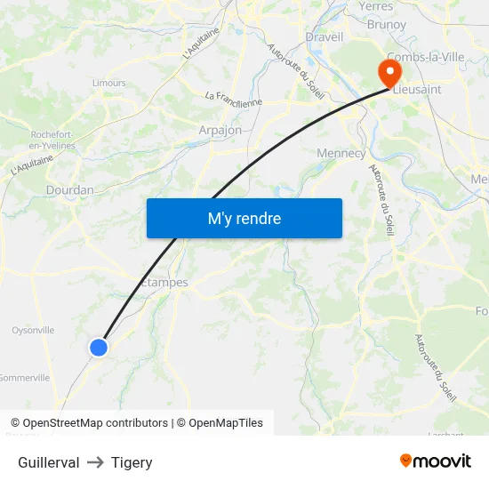 Guillerval to Tigery map