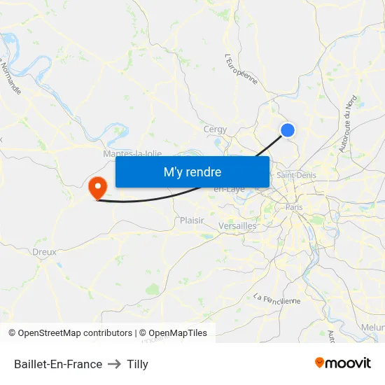 Baillet-En-France to Tilly map