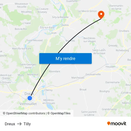 Dreux to Tilly map