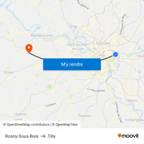 Rosny-Sous-Bois to Tilly map