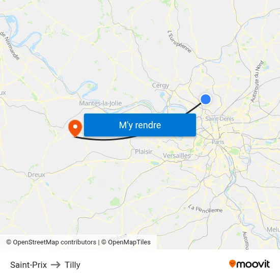 Saint-Prix to Tilly map