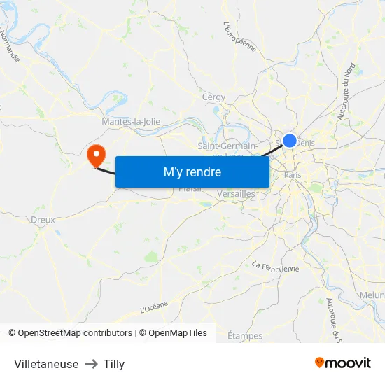 Villetaneuse to Tilly map