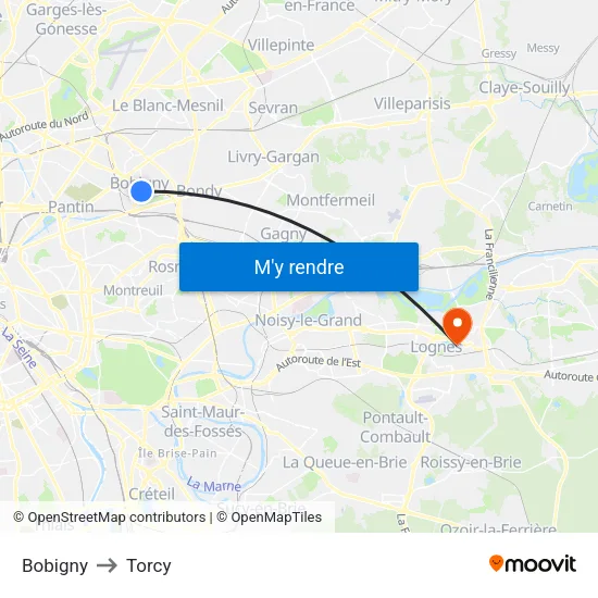 Bobigny to Torcy map
