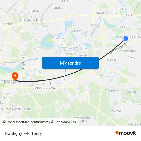 Boutigny to Torcy map