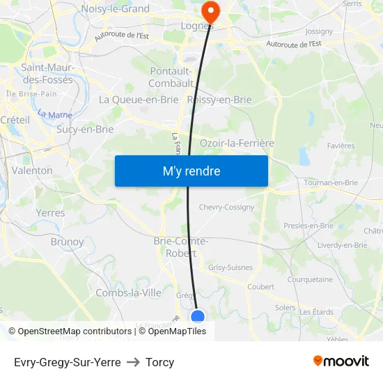Evry-Gregy-Sur-Yerre to Torcy map
