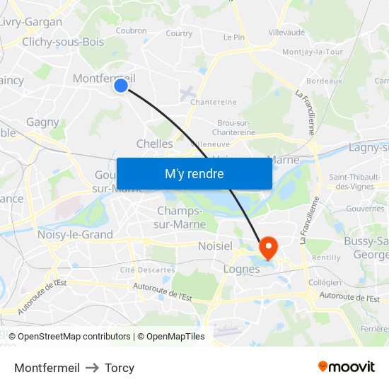 Montfermeil to Torcy map