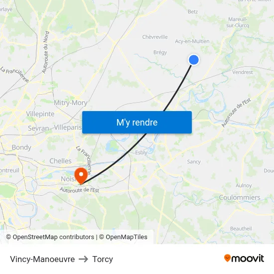 Vincy-Manoeuvre to Torcy map
