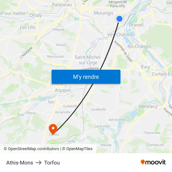 Athis-Mons to Torfou map