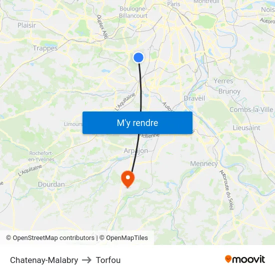 Chatenay-Malabry to Torfou map