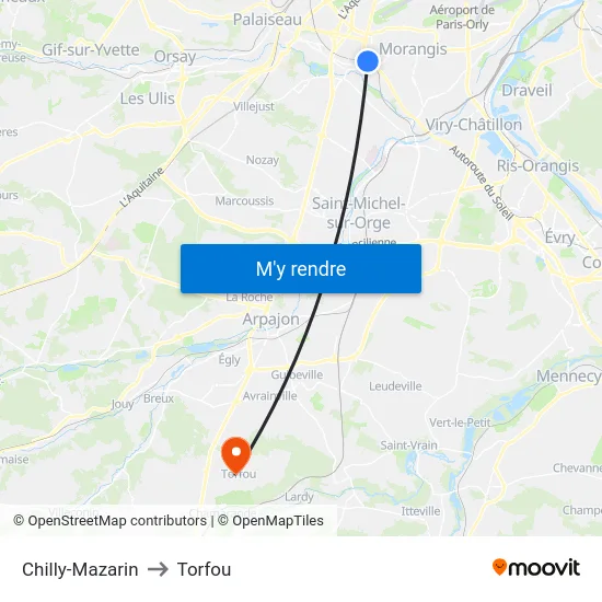 Chilly-Mazarin to Torfou map