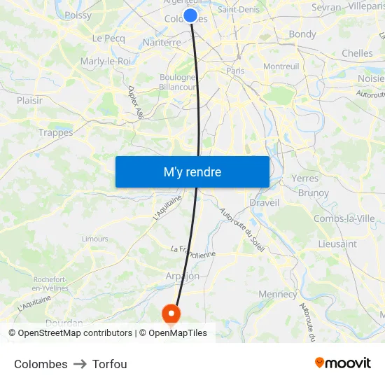 Colombes to Torfou map