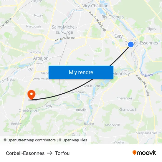 Corbeil-Essonnes to Torfou map