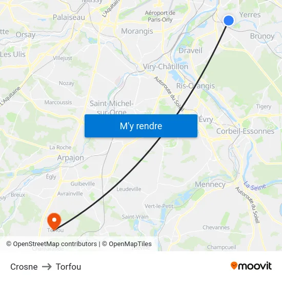 Crosne to Torfou map