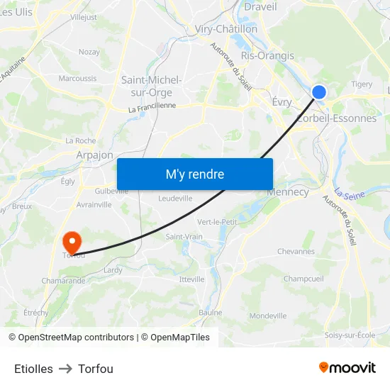 Etiolles to Torfou map