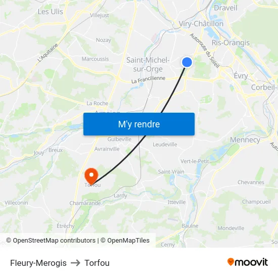 Fleury-Merogis to Torfou map