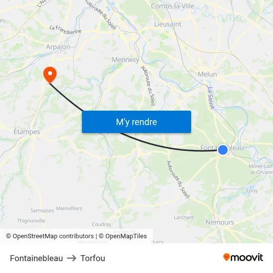 Fontainebleau to Torfou map