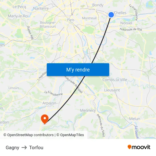 Gagny to Torfou map