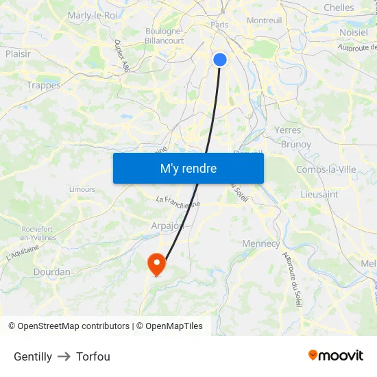 Gentilly to Torfou map