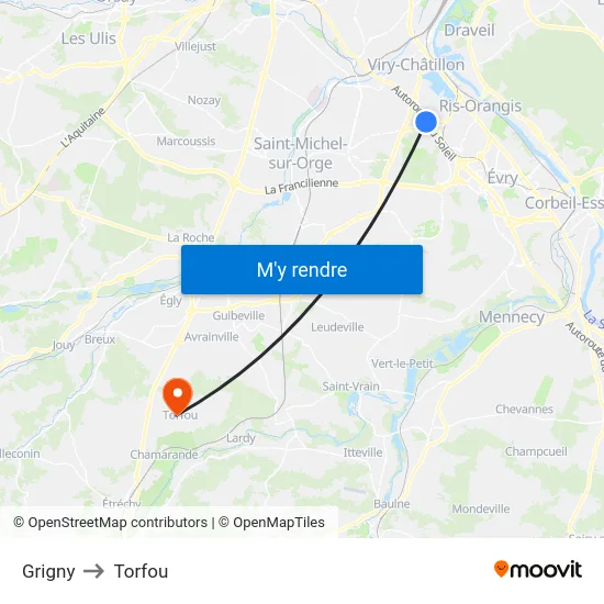 Grigny to Torfou map
