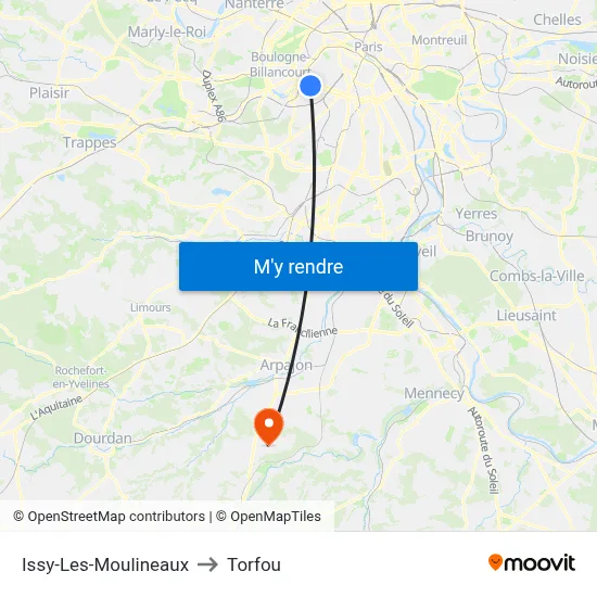 Issy-Les-Moulineaux to Torfou map