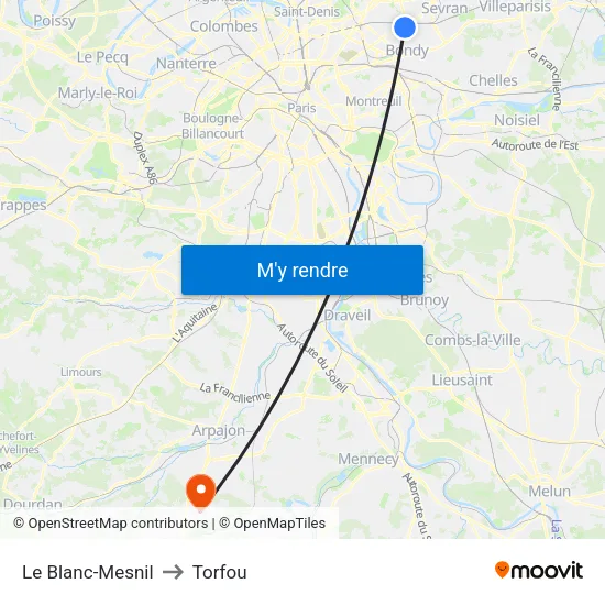 Le Blanc-Mesnil to Torfou map