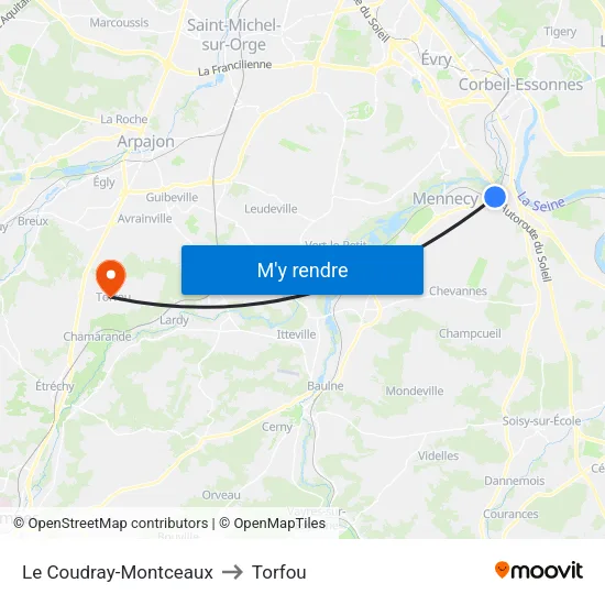 Le Coudray-Montceaux to Torfou map