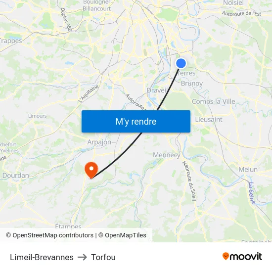 Limeil-Brevannes to Torfou map