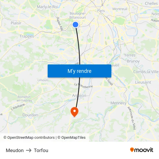 Meudon to Torfou map