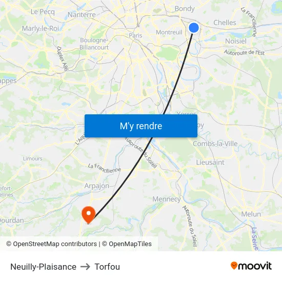 Neuilly-Plaisance to Torfou map