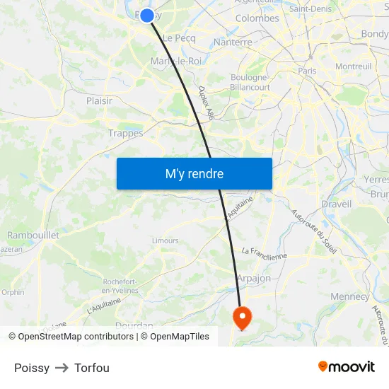 Poissy to Torfou map