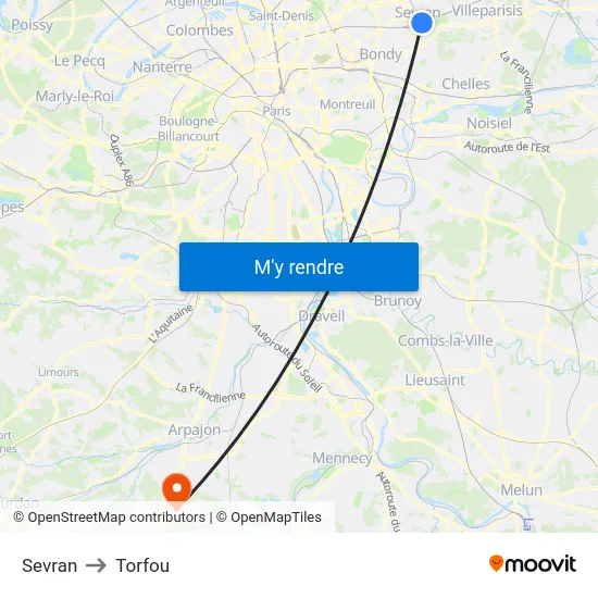 Sevran to Torfou map