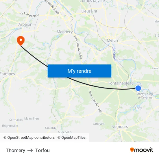 Thomery to Torfou map