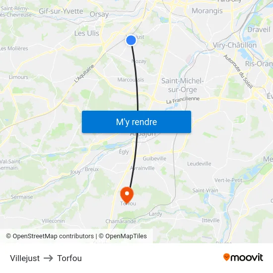 Villejust to Torfou map