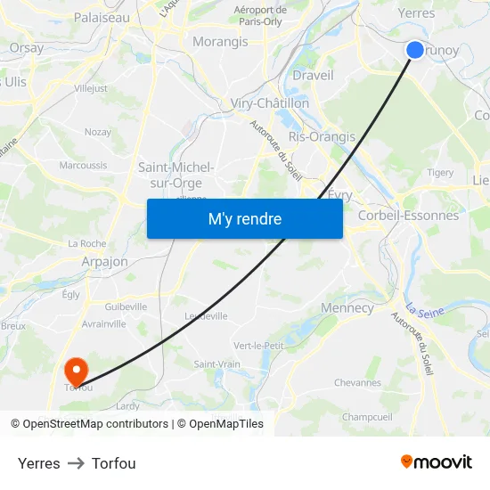 Yerres to Torfou map