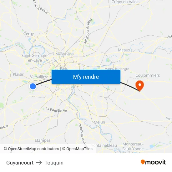 Guyancourt to Touquin map
