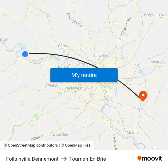 Follainville-Dennemont to Tournan-En-Brie map