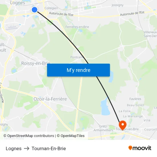Lognes to Tournan-En-Brie map