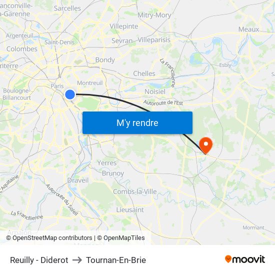 Reuilly - Diderot to Tournan-En-Brie map